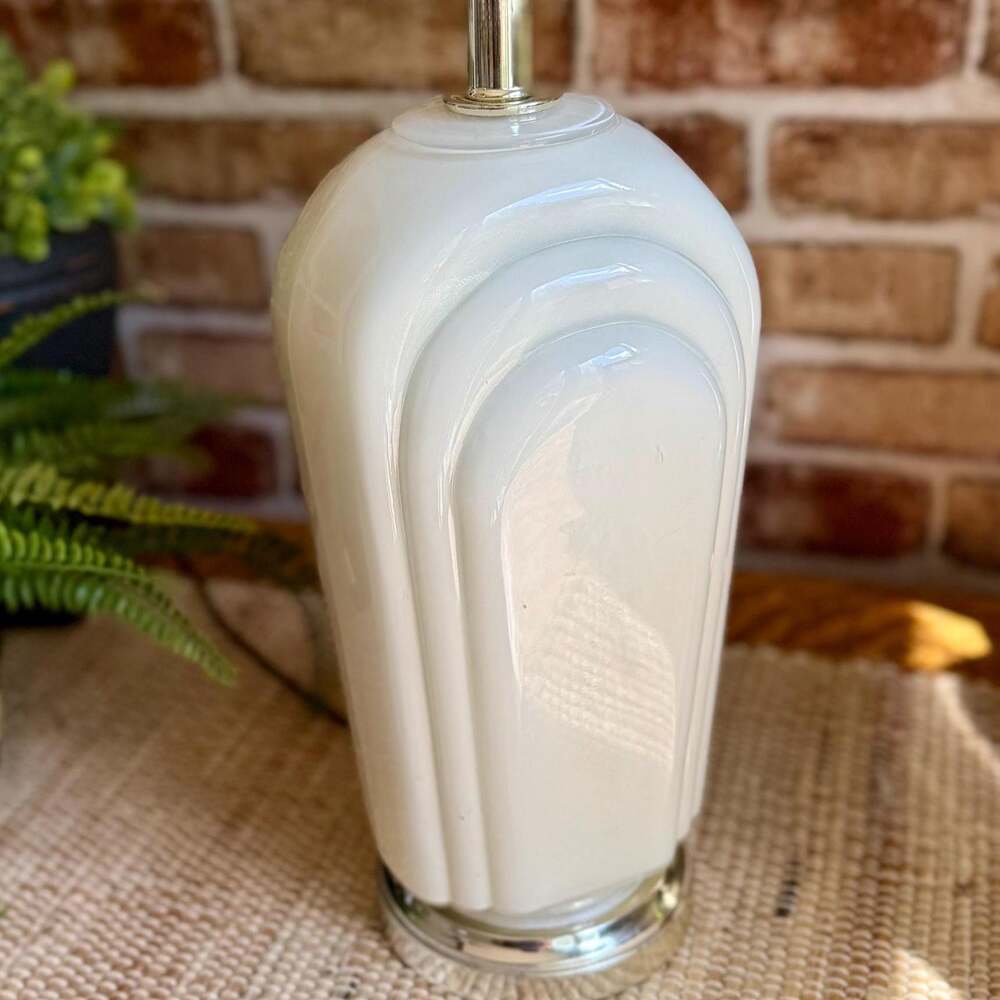 Art Deco Revival Table Lamp | Vintage 1980s White Glass Chrome Accent Lamp